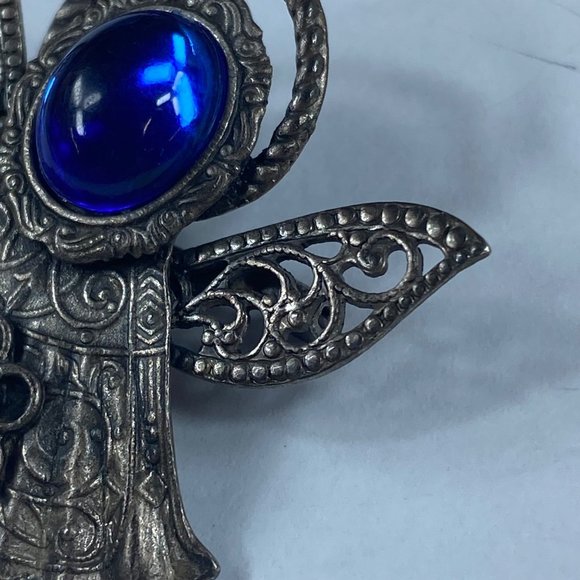 Angel Pin Brooch KC Dark Silver Tone Blue Stones Floral Accent Rhinestone Metal - Picture 5 of 12